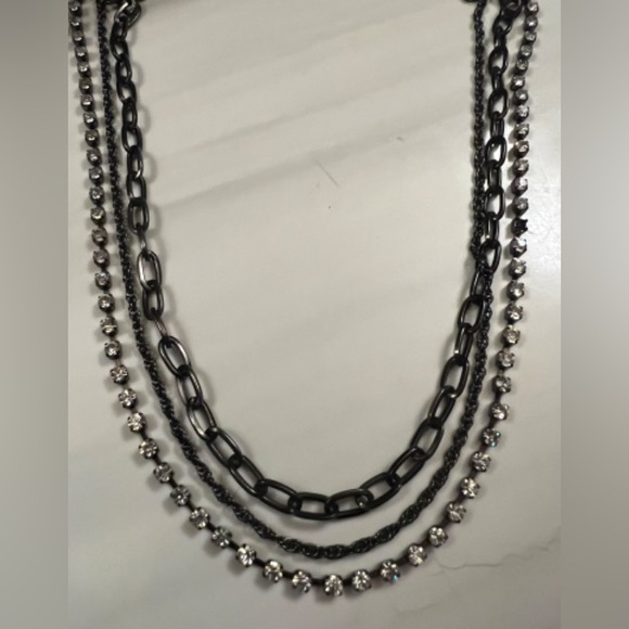J Crew Rhinestone Multi Strand Necklace Gunmetal Black Chain Link - Picture 6 of 10